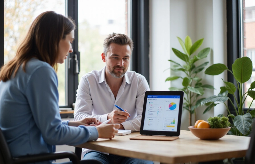 Nutrizionista che spiega un piano alimentare a un cliente con grafici e tabelle.