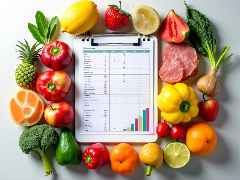 Illustrazione di un piano alimentare personalizzato con frutta, verdura e un quaderno