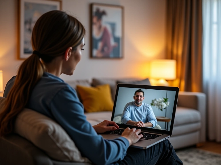 Persona che usa un laptop per una consulenza online da casa