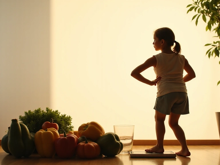 Persona che si allena con bilancia e verdure per la gestione del peso